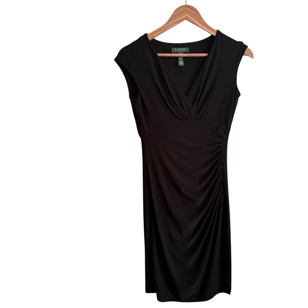 Ralph Lauren Side Shirred Jersey Dress 2 XS Black V Neck Capsule Old Money Glam